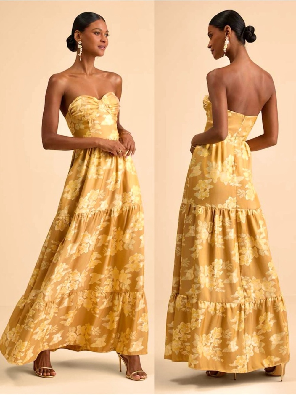 NWT LULUS Floral Jacquard Strapless Sweetheart Bustier Tier Ruffle Princess Gown - Picture 2 of 6